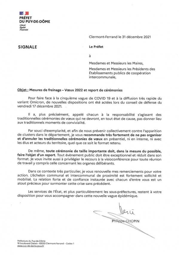 Note portant sur les mesures de freinage du covid19 voeux 2022